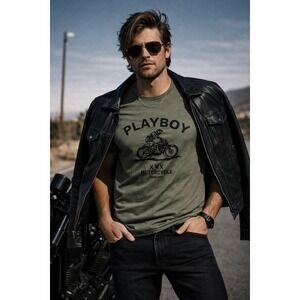 Playboy Graphic Tee Mens XL Olive Green New Motorcycle Company Biker Shirt Edgy